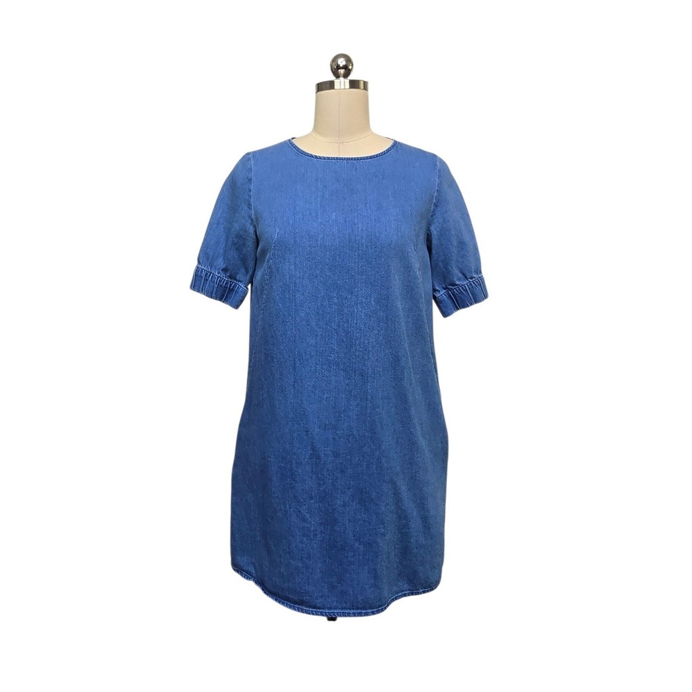 COS Blue Denim Shift Mini Dress Short Sleeve Zip Back Cotton Size 4